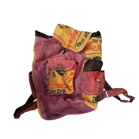 Kathmandu Burlap Backpack Boho  Upcycled Rice Sack Jute Multicolor Festival Bag - Picture 2 of 5